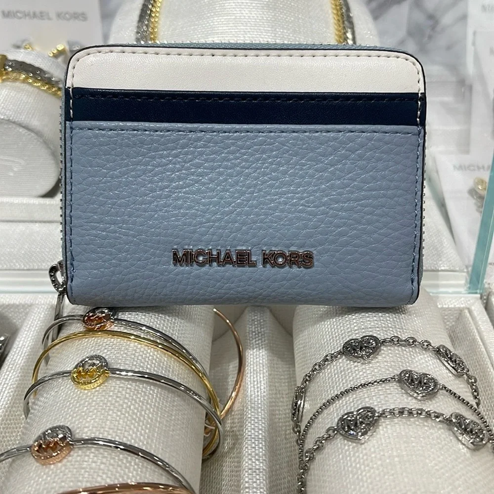 Michael Kors Jet Set Travel Medium Zip Around Color-Block Wallet Pale Blue Mult